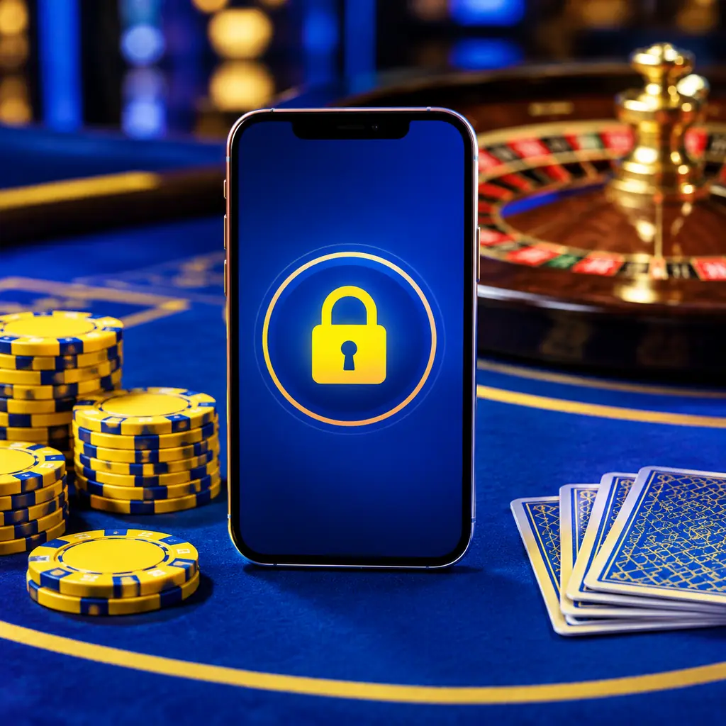 Ponsel terkunci di samping cip dan kartu casino.