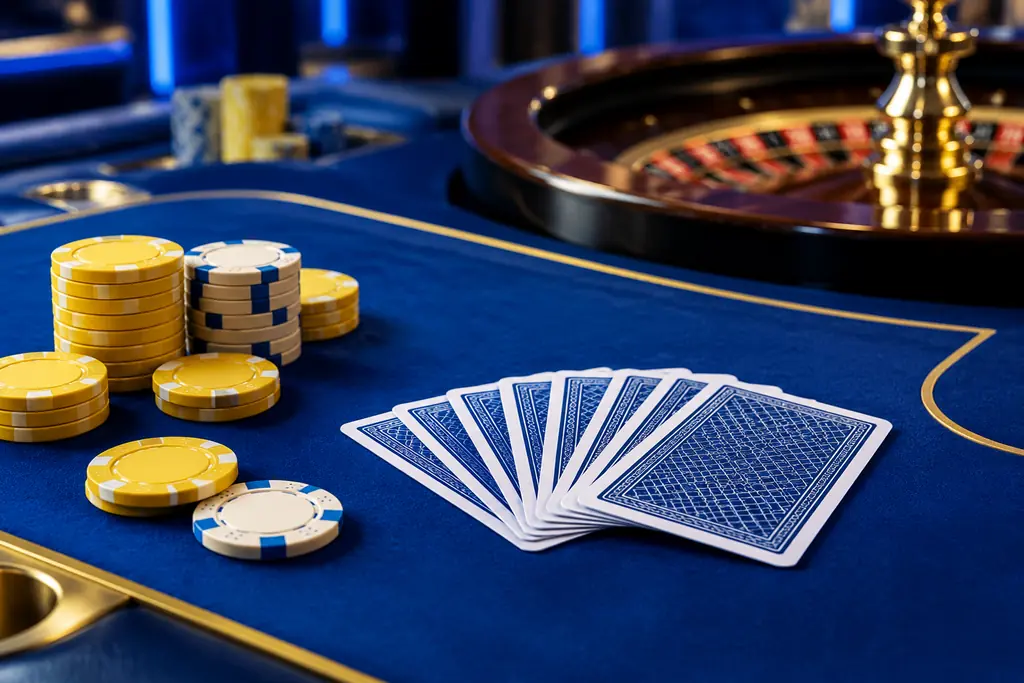 Meja kartu casino biru dengan cip kuning dan kartu tertata.