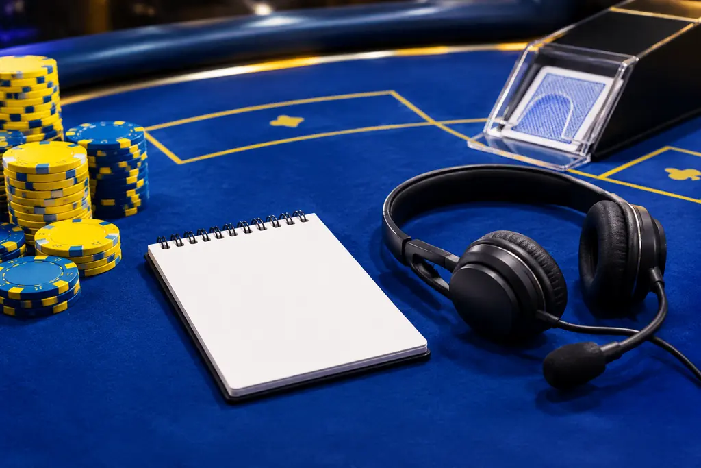 Buku catatan dan headset di sisi meja casino.