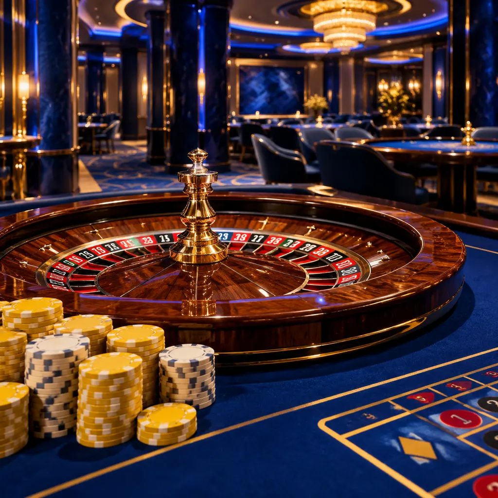 Ruang casino bernuansa biru dengan meja roulette dan susunan cip kuning.