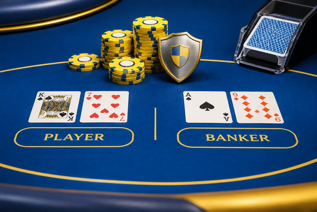 Dua tangan kartu baccarat dan cip pada meja casino.