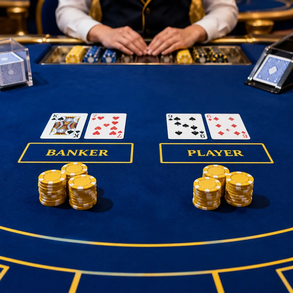 Meja baccarat casino dengan tempat kartu dan cip.