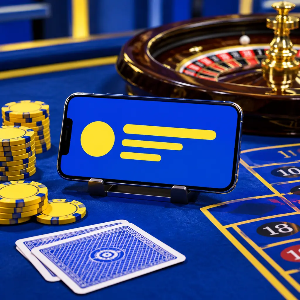 Ponsel horizontal dengan kartu dan cip casino.