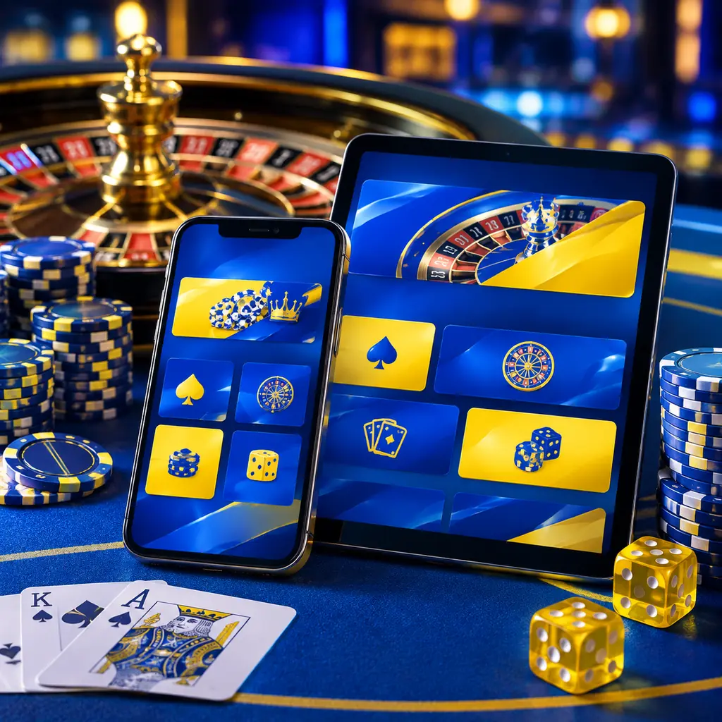 Tablet dan ponsel dengan halaman abstrak di meja casino.