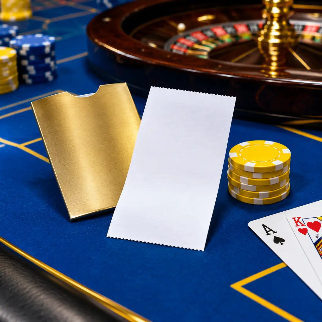 Tanda terima kosong dan cip pada meja casino.