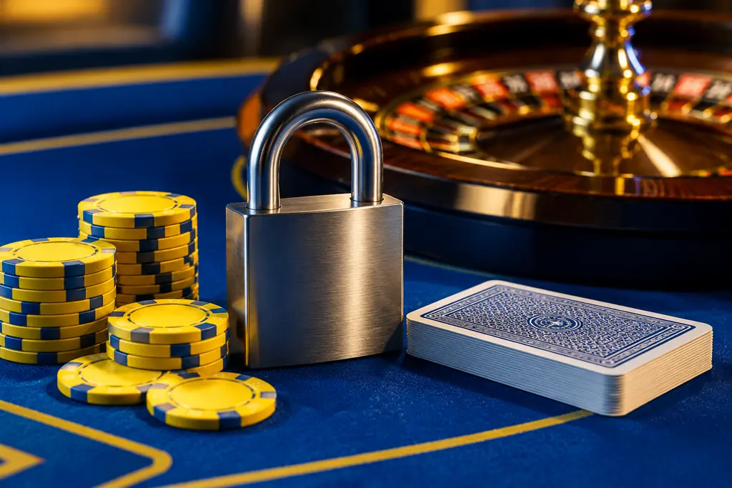 Gembok logam dan cip di meja casino biru.