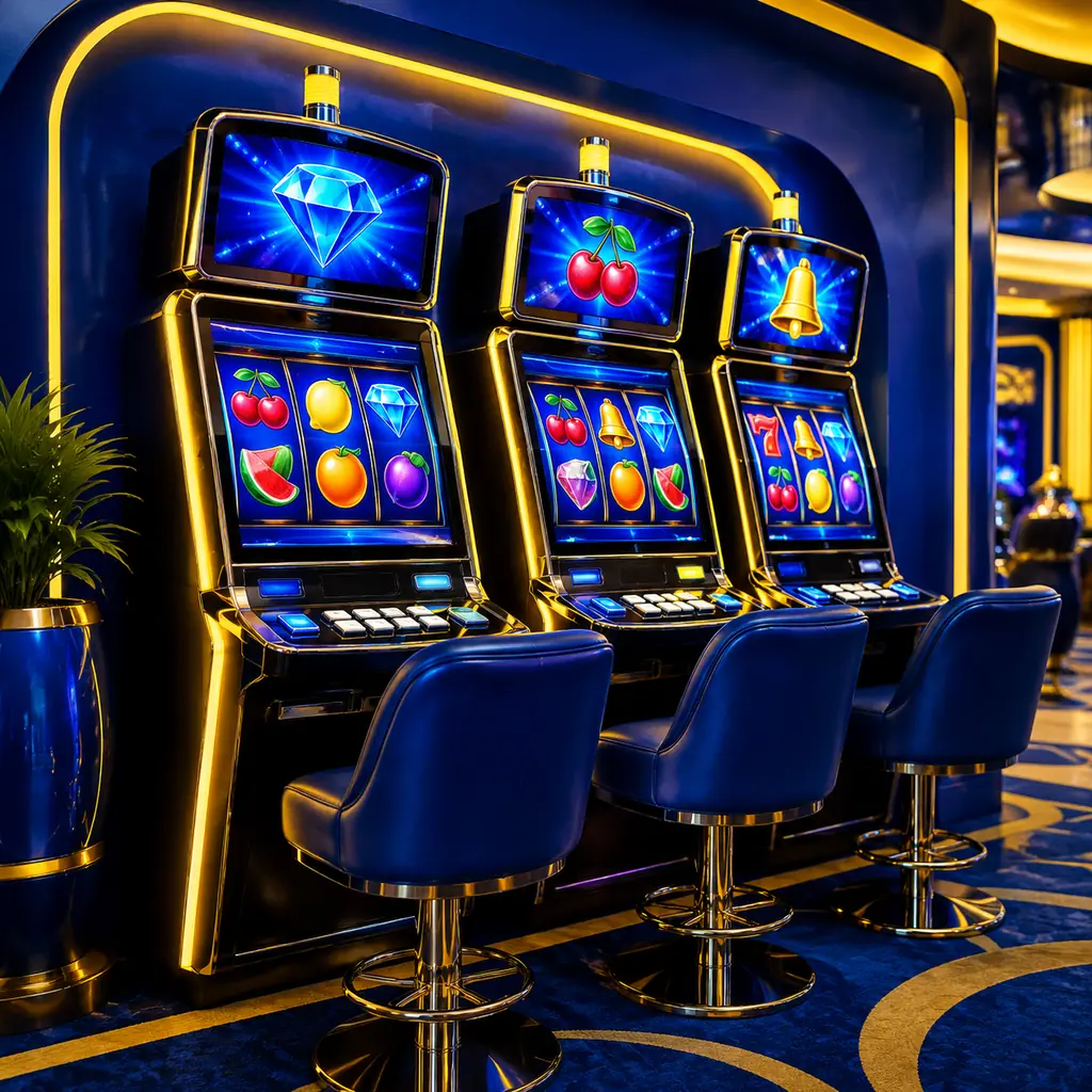Deretan mesin slot di ruang casino biru.