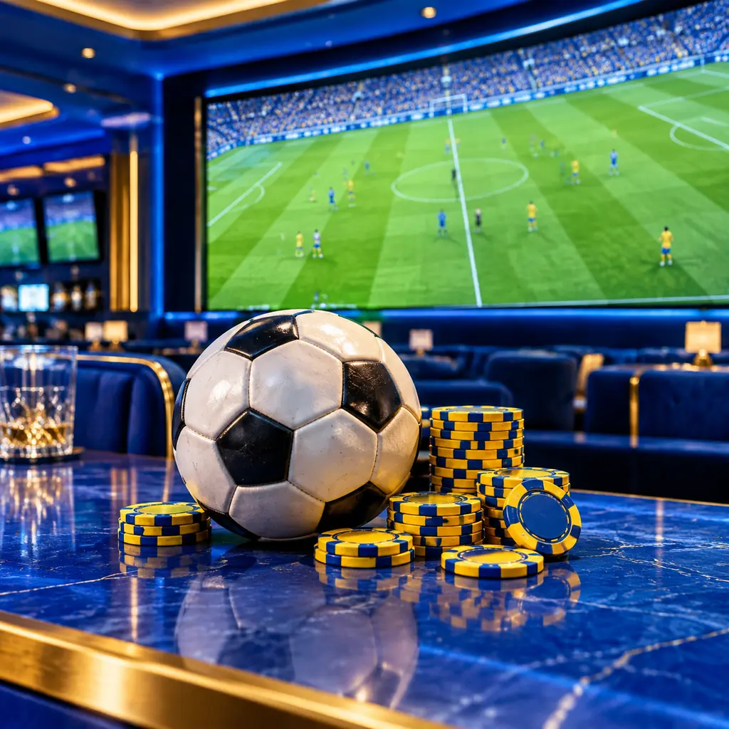 Ruang sportsbook casino dengan layar lapangan sepak bola.