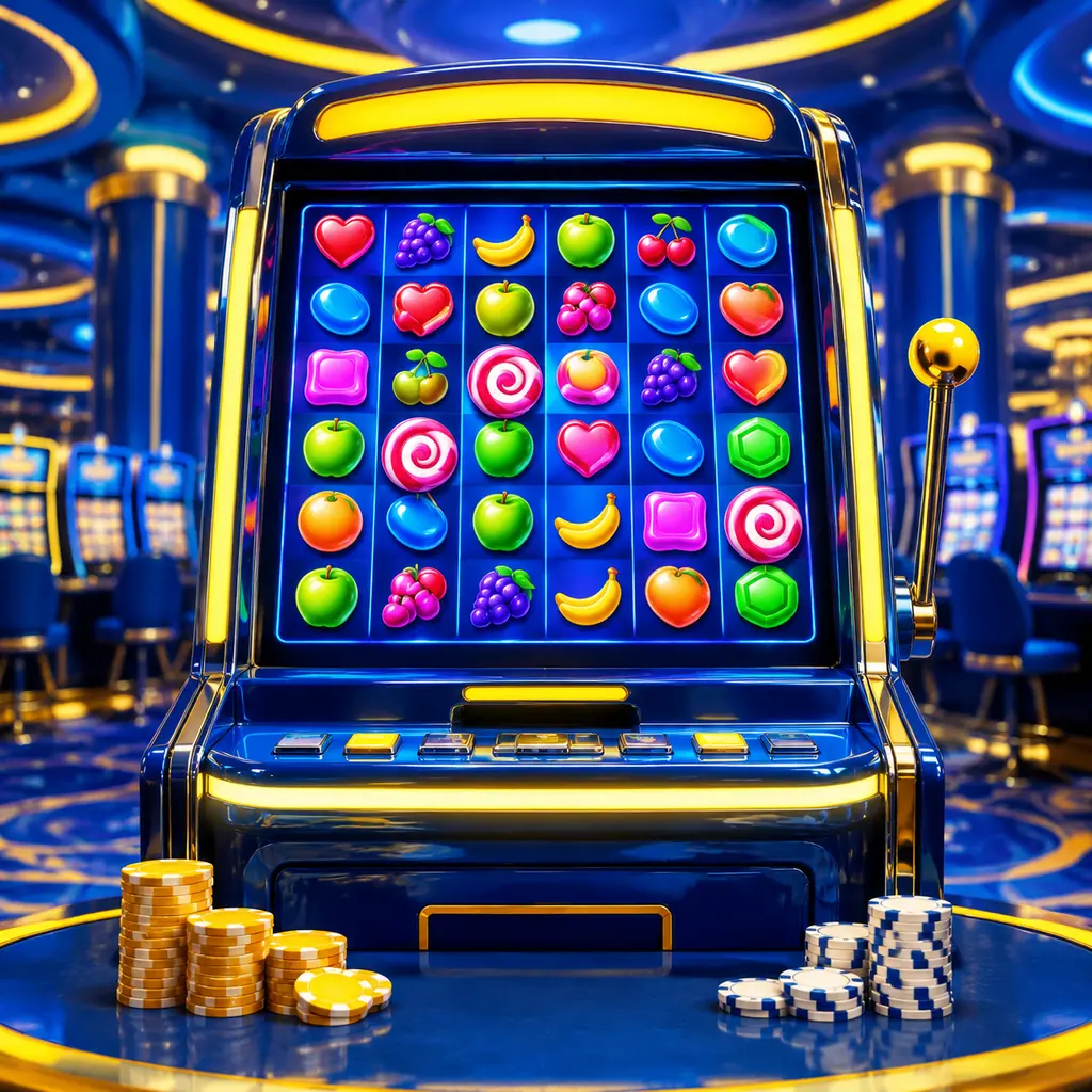 Mesin slot bertema permen dalam casino biru.